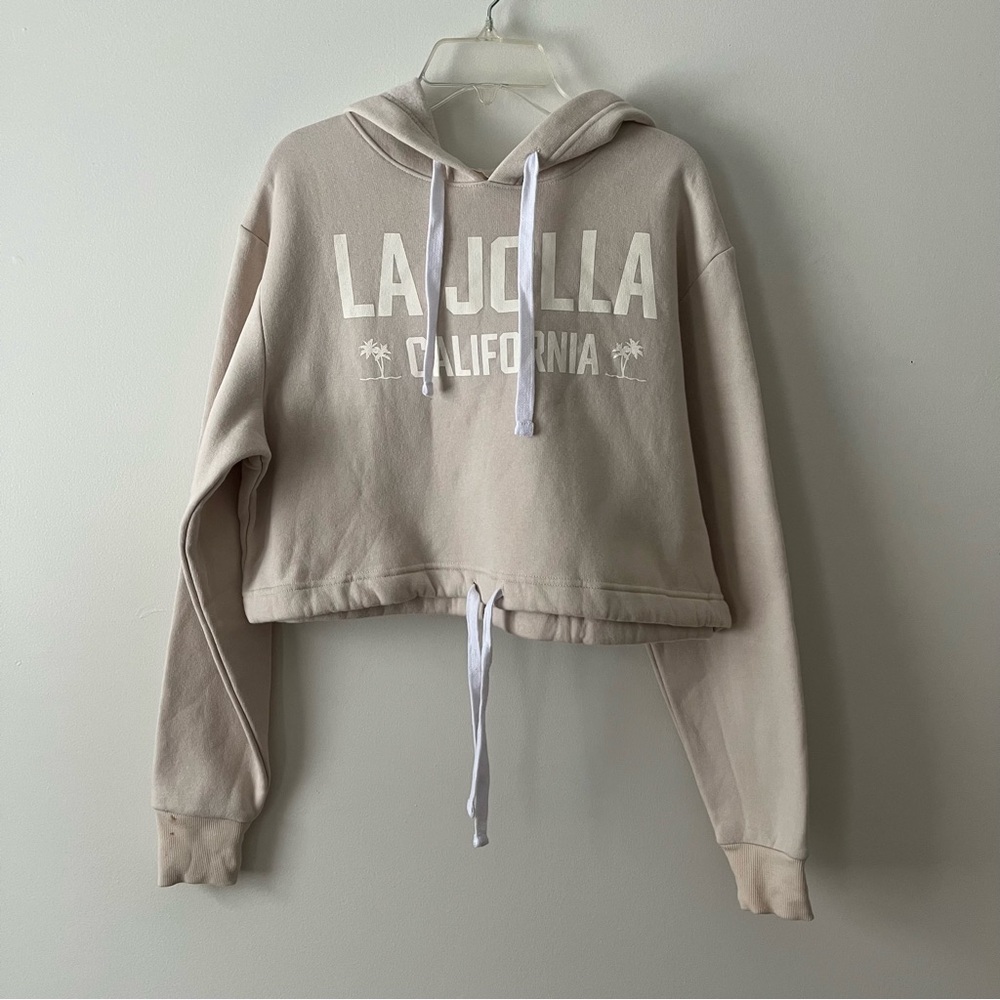 Tout le Monde Boxy Cropped Hoodie Sweatshirt Small Beige La Jolla California